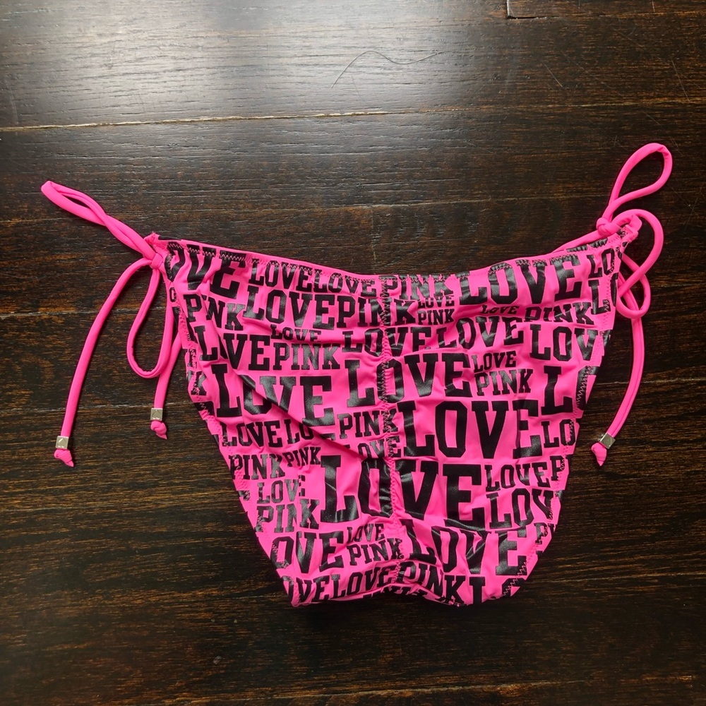 PINK Victoria’s Secret Love Pink Print Ruched Rhinestone Bikini Bottom - Picture 13 of 16